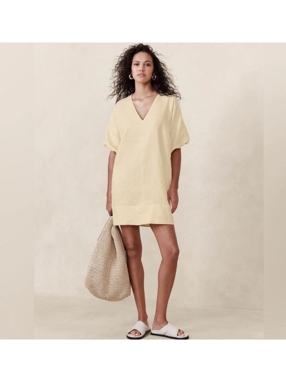 Banana Republic 100% Linen Yellow V-Neck Dolman Sleeve Shift Dress Women Sz M